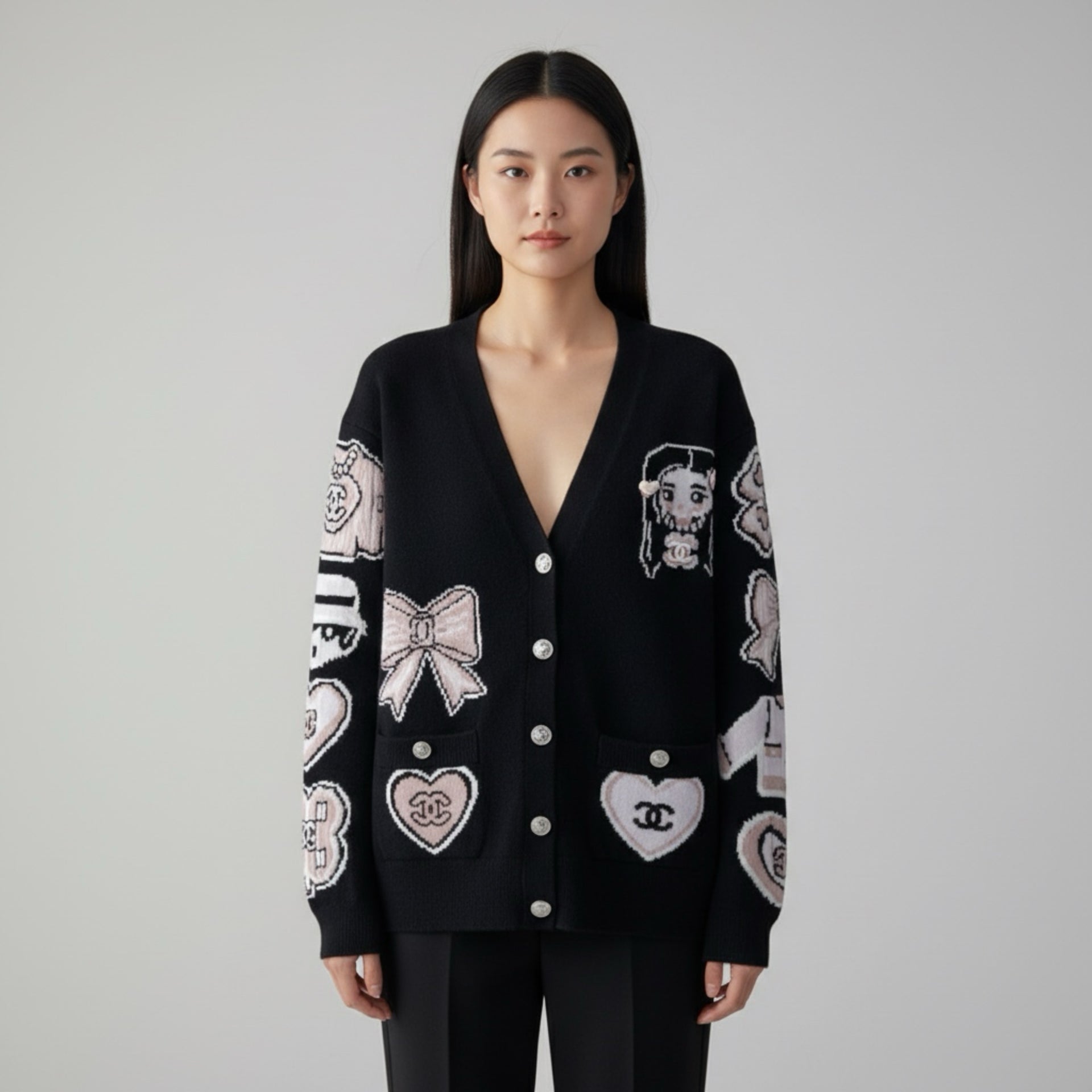 Black Cardigan with Baby Pink