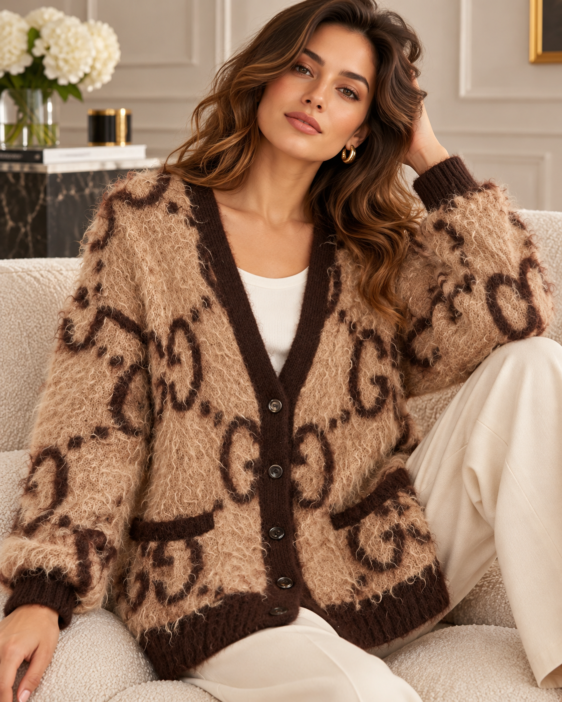 Luxe Fuzzy Monogram Oversized Cardigan – Mocha Brown