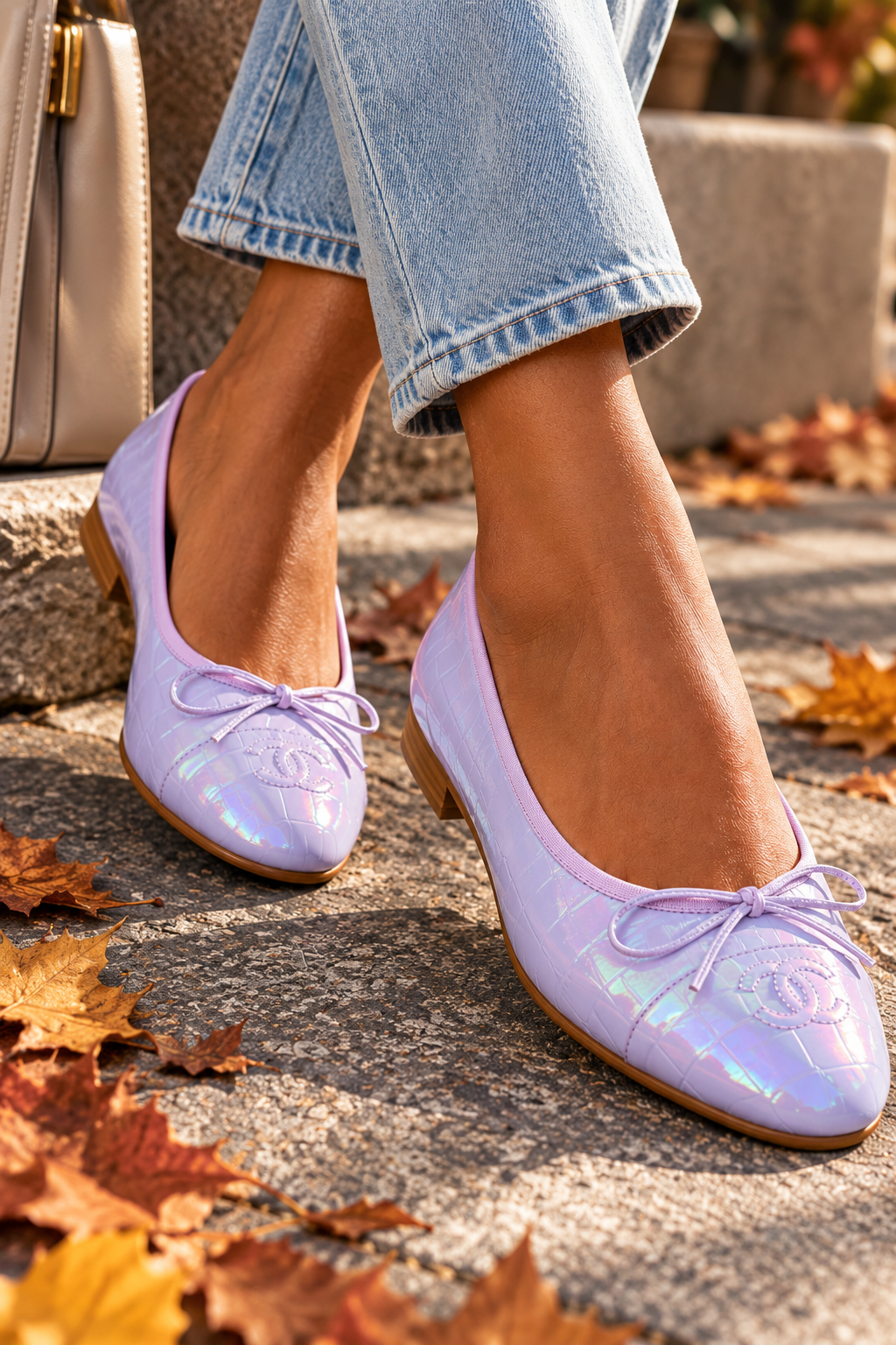 Iridescent Croc-Embossed Ballet Flats
