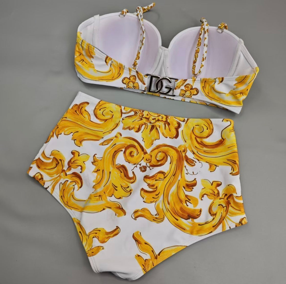 Yellow & White High Waisted Swim with silk Piece (SHIP FROM DALLAS)