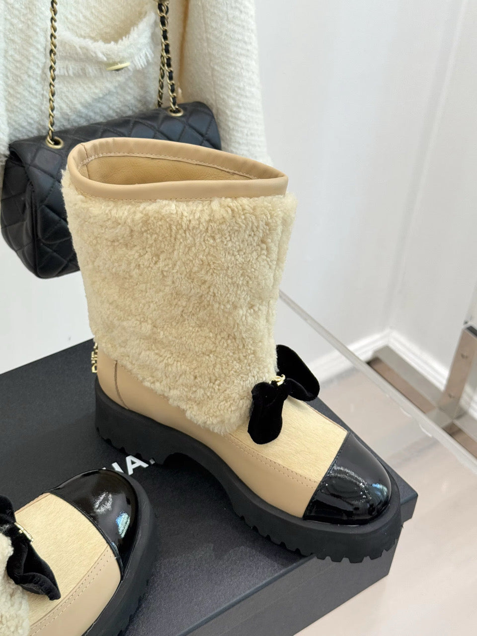 Cream or Black Furry Boot