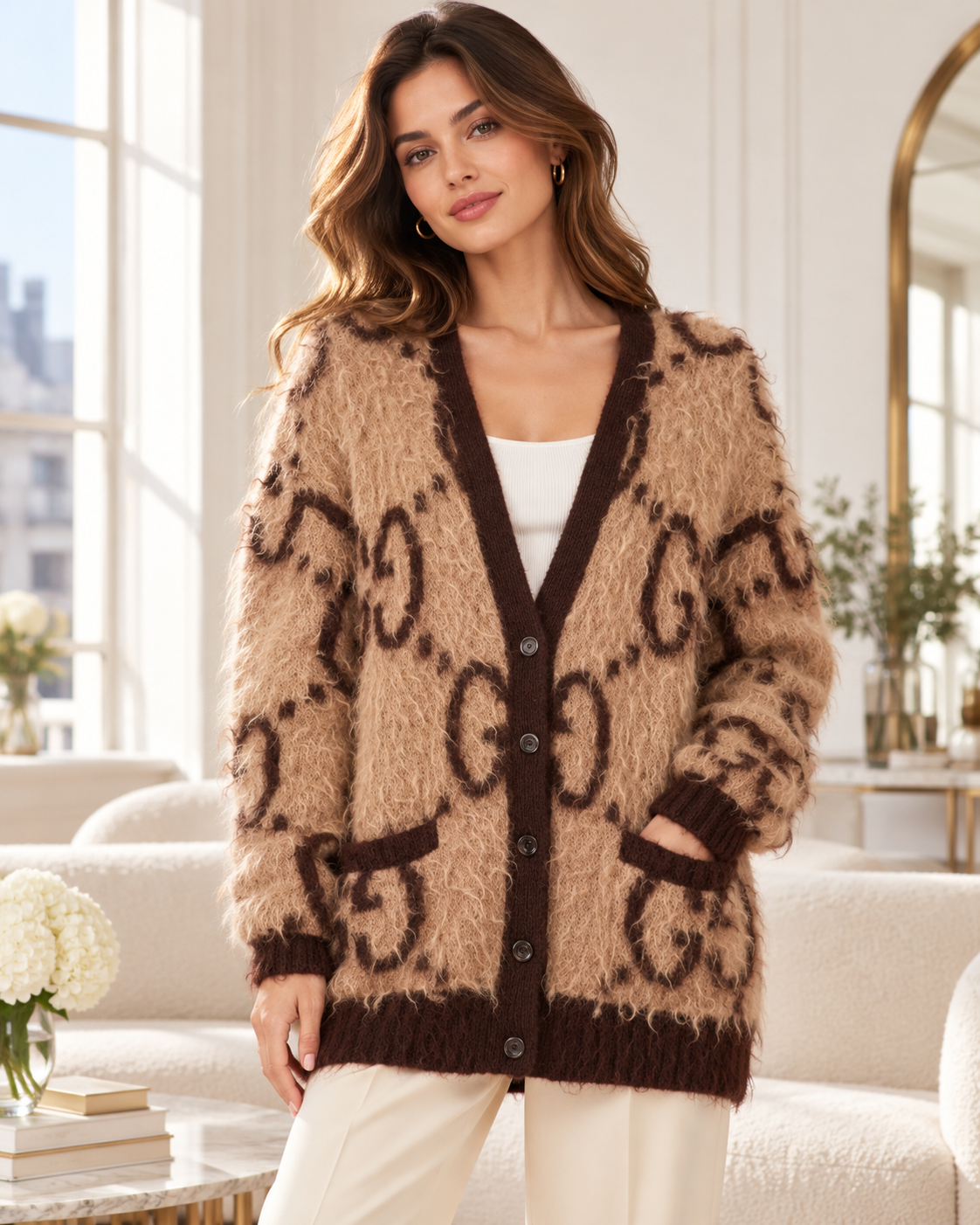 Luxe Fuzzy Monogram Oversized Cardigan – Mocha Brown