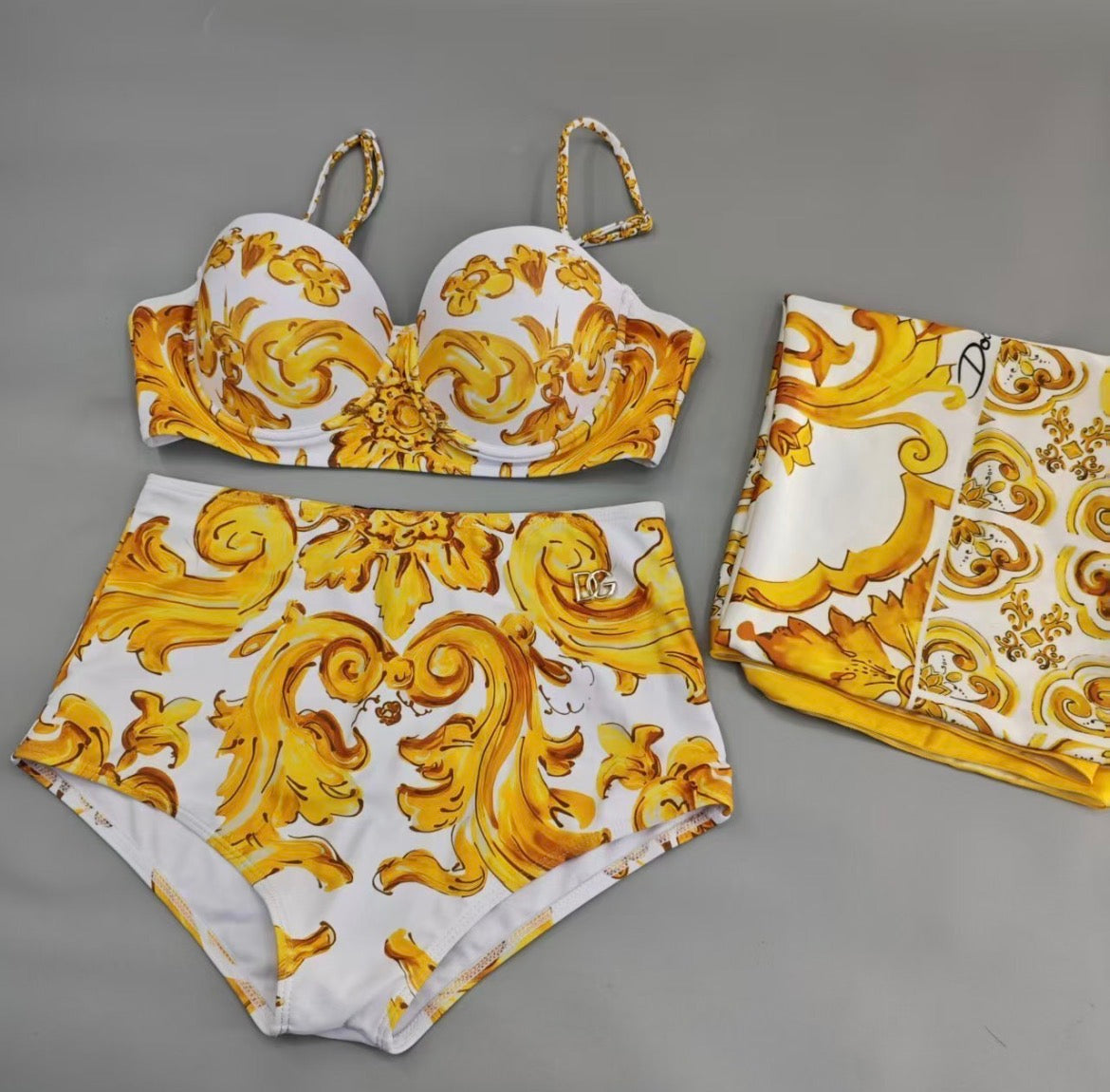 Yellow & White High Waisted Swim with silk Piece (SHIP FROM DALLAS)