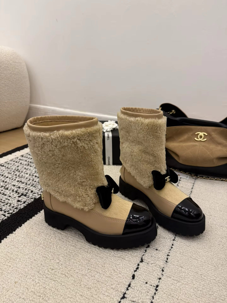 Cream or Black Furry Boot