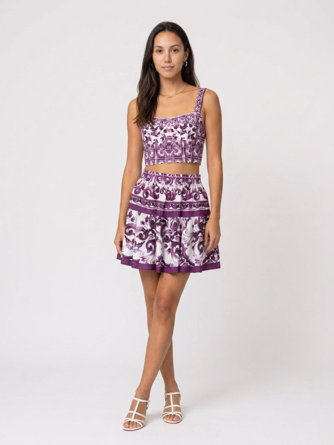 Purple & White Skirt Set