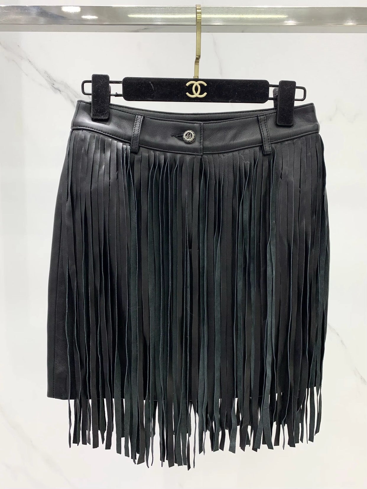 Black leather fringe skirt