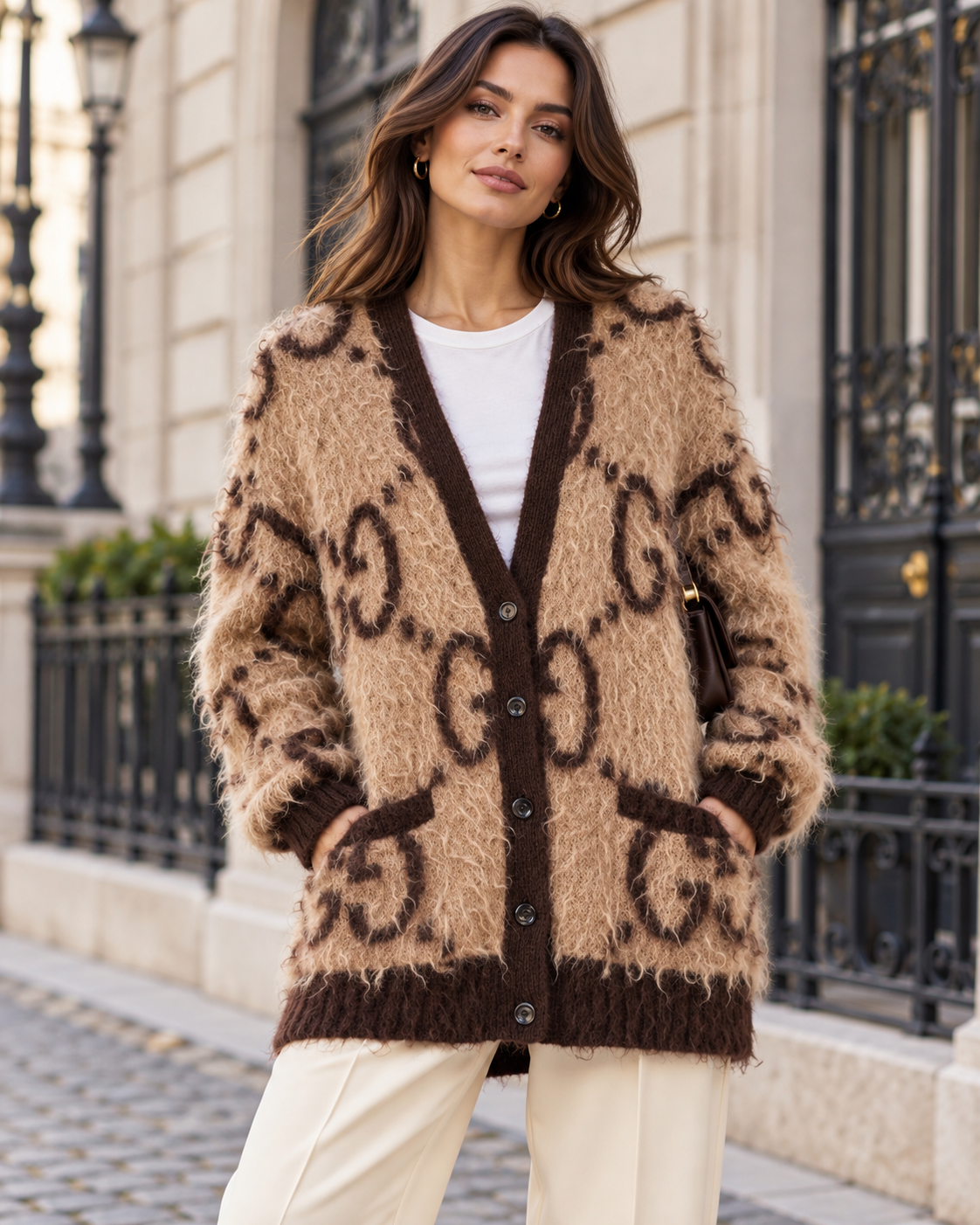 Luxe Fuzzy Monogram Oversized Cardigan – Mocha Brown