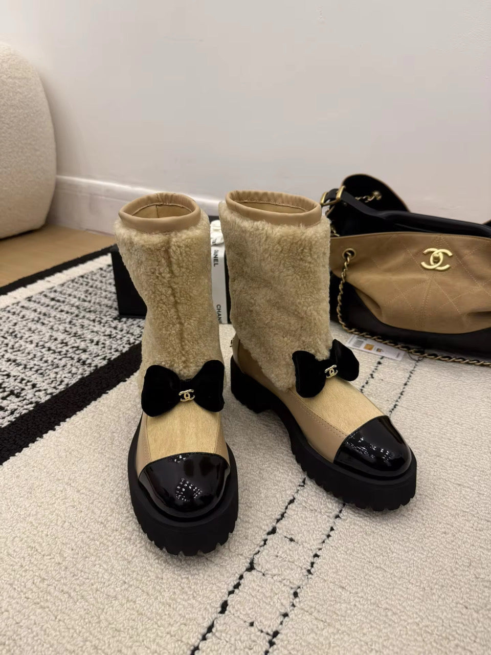 Cream or Black Furry Boot