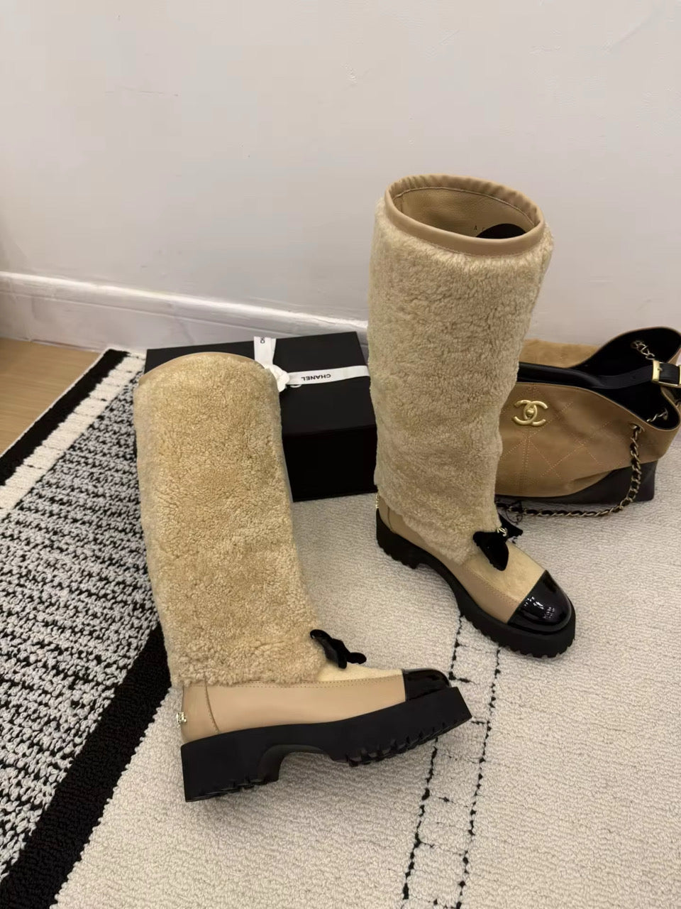 Cream or Black Furry Boot