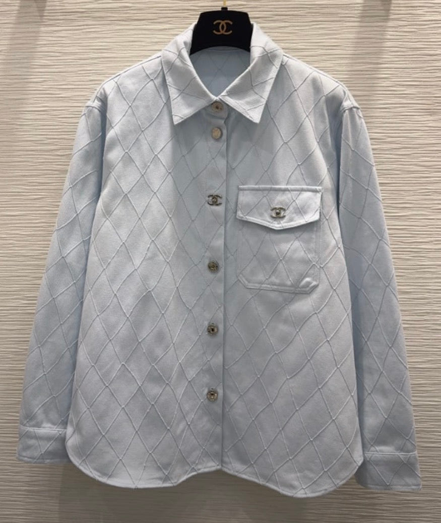 The Coco Luxe Quilted Button-Down Shirt – Powder Blue