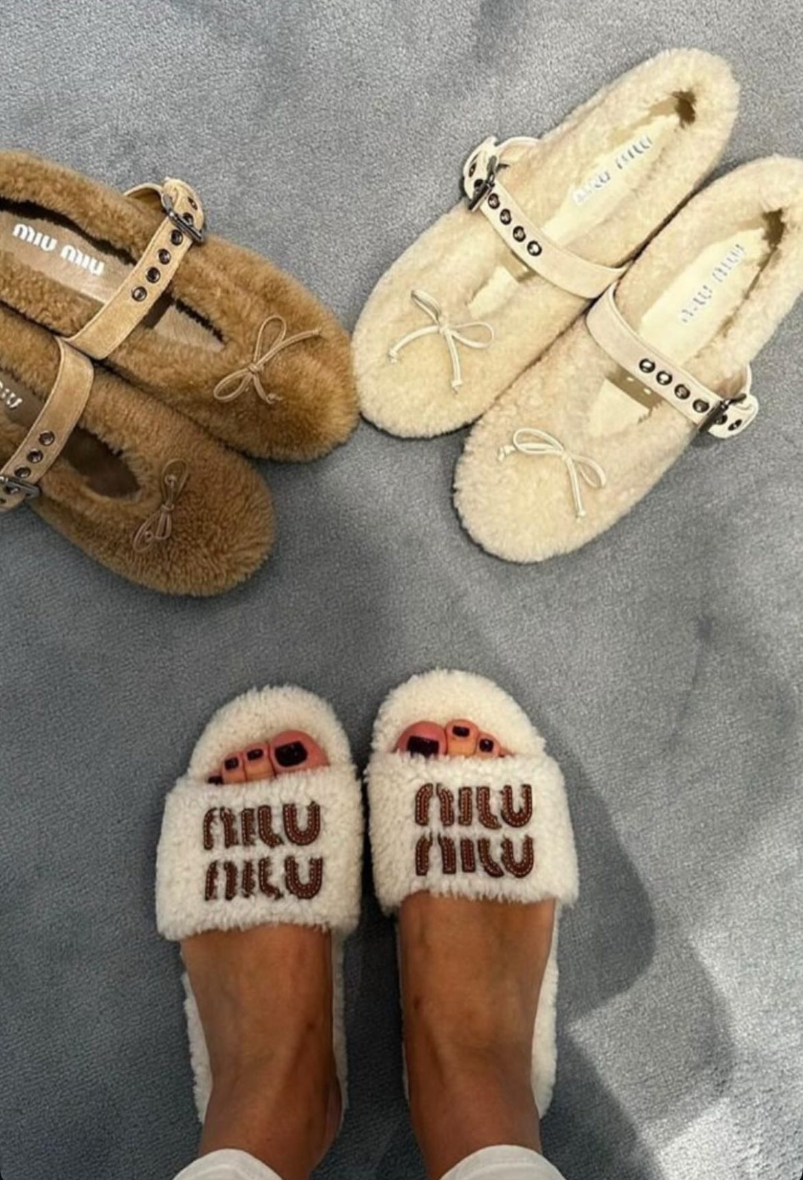 Off white fuzzy flats