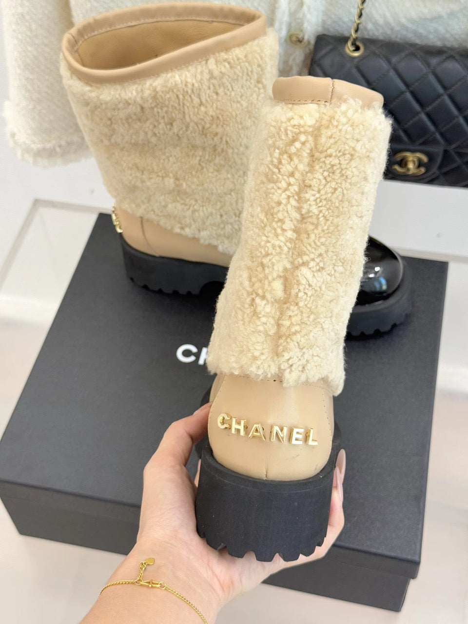 Cream or Black Furry Boot