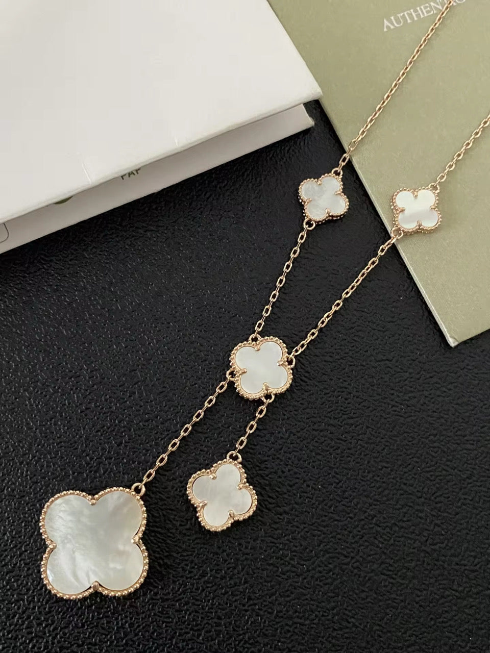 Long Gold Necklace with white pearl design