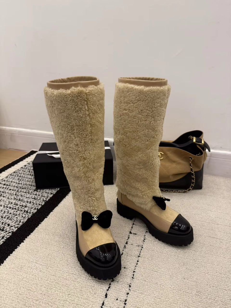 Cream or Black Furry Boot
