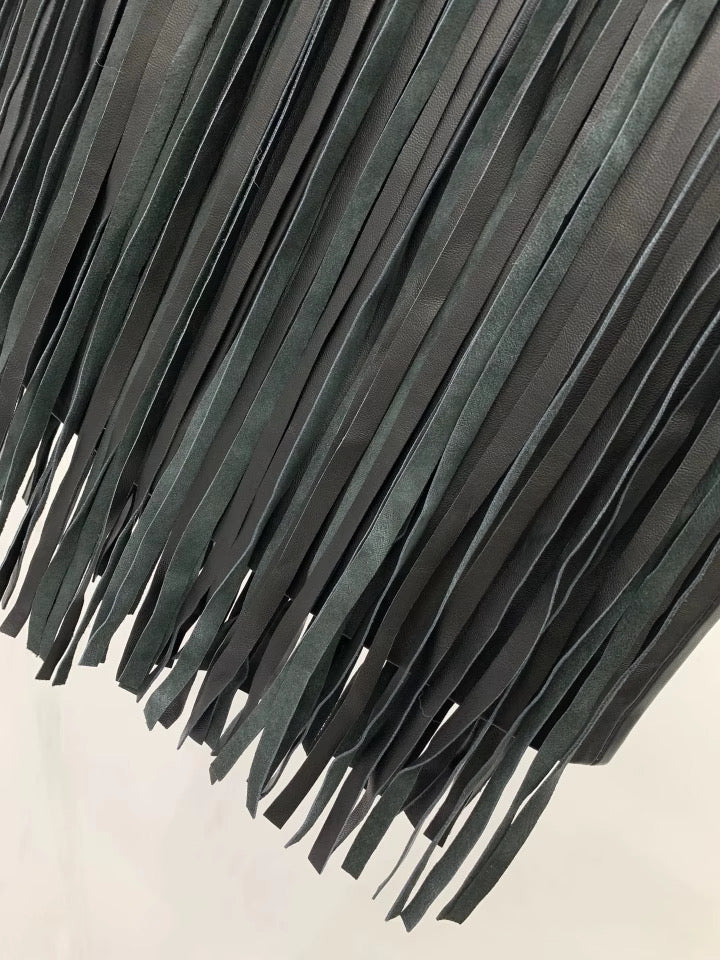 Black leather fringe skirt