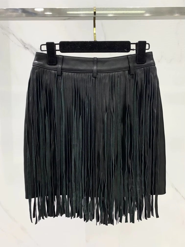 Black leather fringe skirt