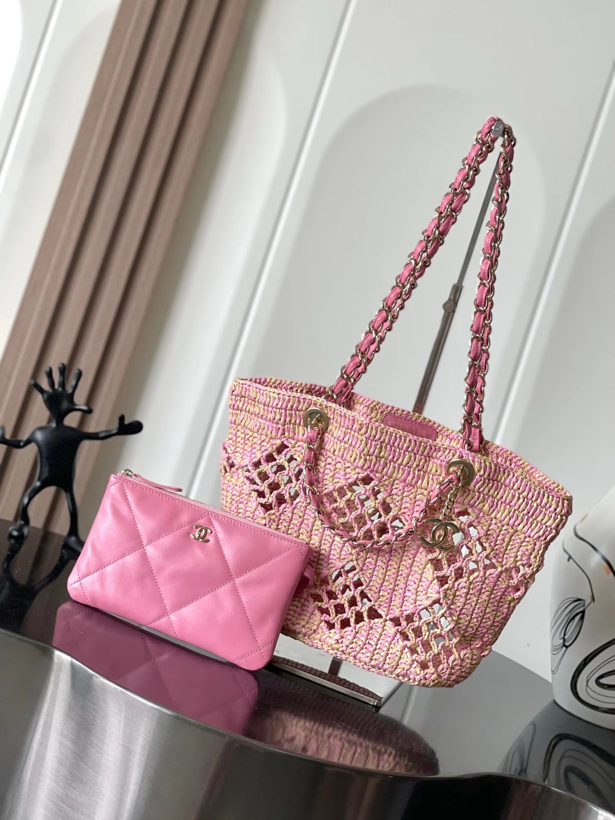 Pink & Tan rattan bag