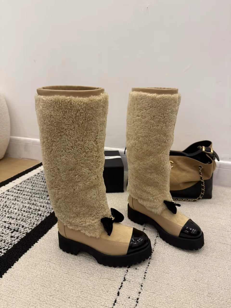 Cream or Black Furry Boot