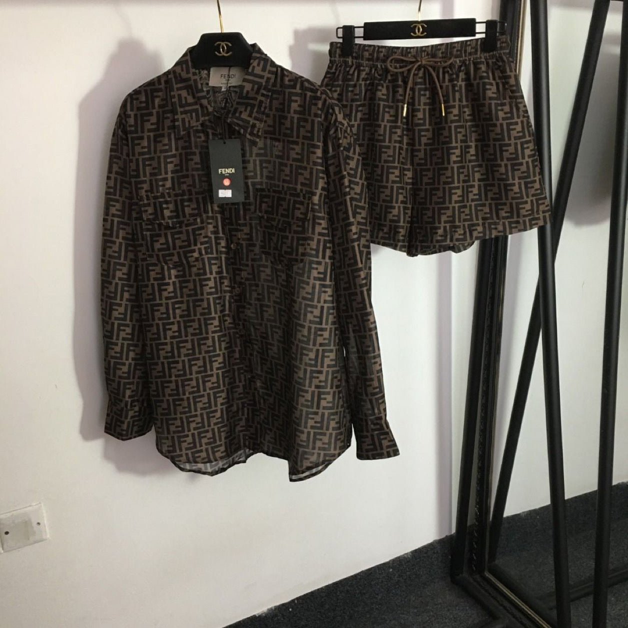 2 piece button down set in brown