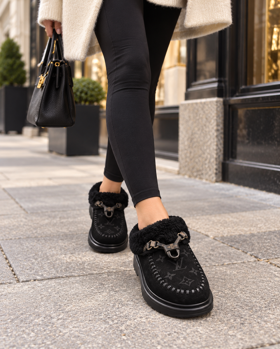 Luxe Monogram Shearling Cozy Mules