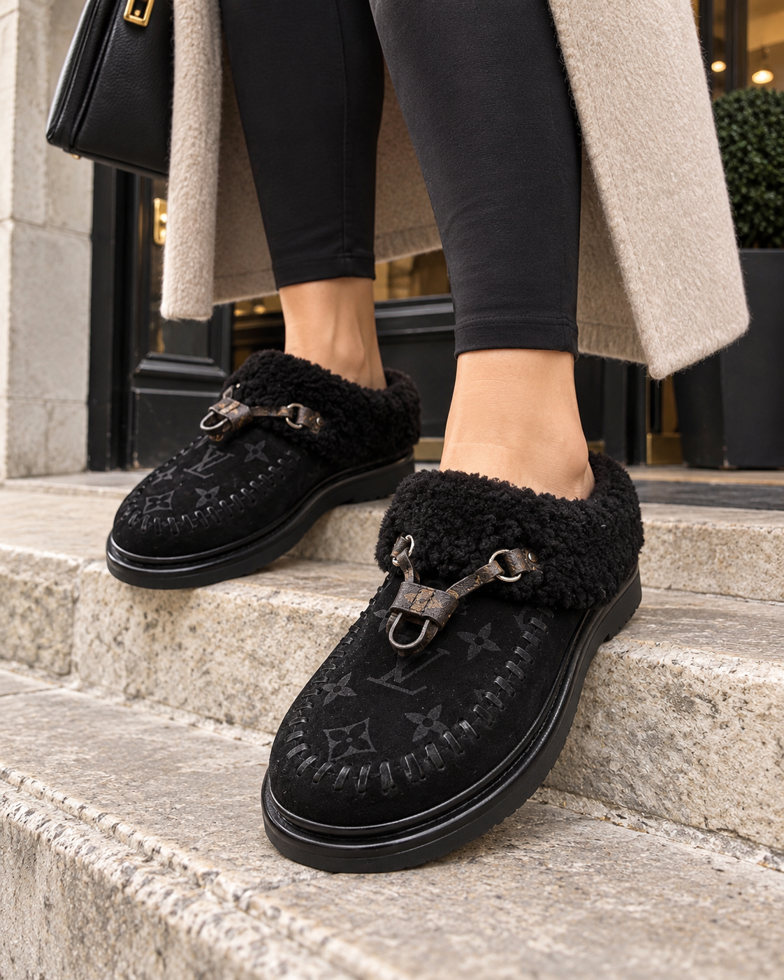 Luxe Monogram Shearling Cozy Mules