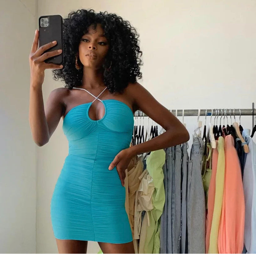 Vestido aguamarina con cuello en forma de cerradura(DESCUENTO EN EL CARRITO)